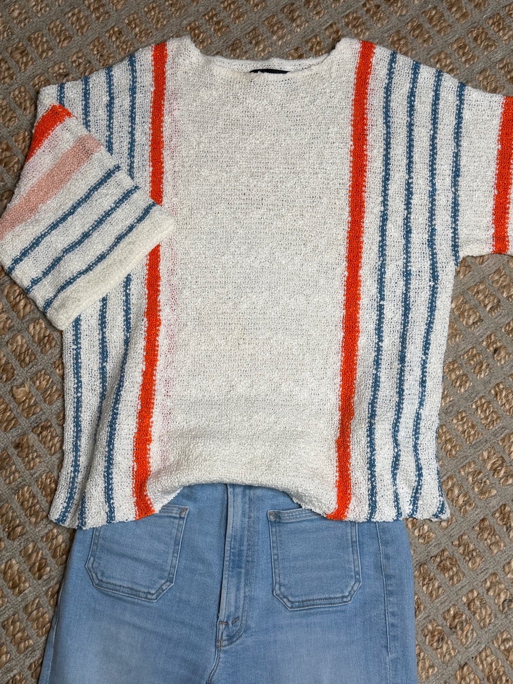 Textured Cream Crewneck Sweater with Orange & Blue Stripe Detail